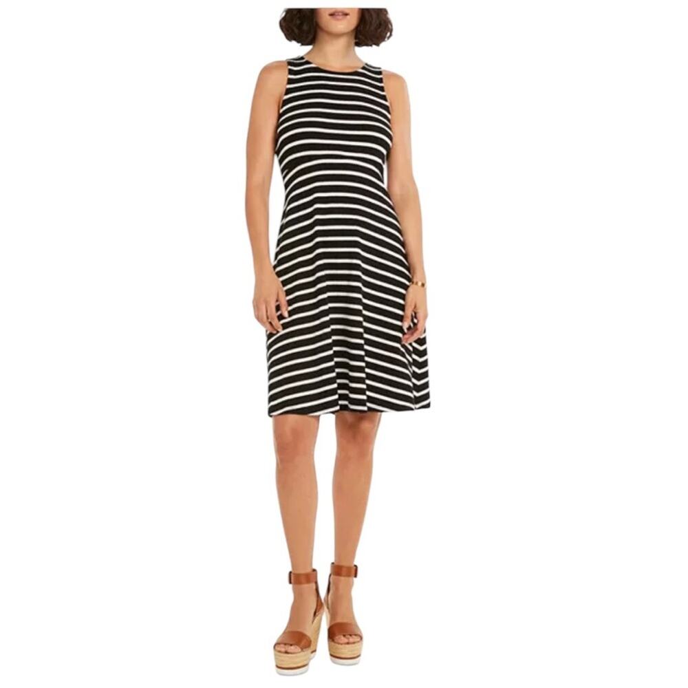 Nic + Zoe Late Sunset Black & White Striped Sleeveless Fit & Flare  Dress NEW M